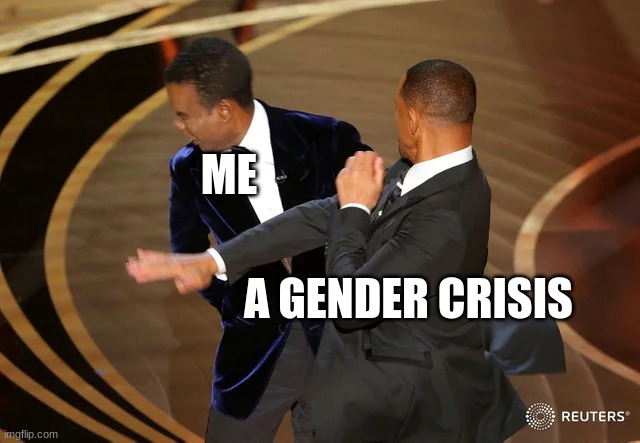 Why does this need to happen | ME; A GENDER CRISIS | image tagged in will smith punching chris rock | made w/ Imgflip meme maker