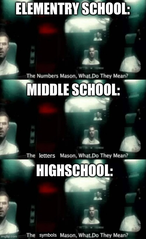the upside down roman numerals, what do they mean | ELEMENTRY SCHOOL:; MIDDLE SCHOOL:; letters; HIGHSCHOOL:; symbols | image tagged in the numbers mason what do they mean,school,funny,memes,funny memes | made w/ Imgflip meme maker