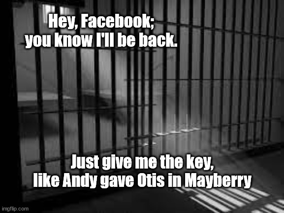 Facebook jail repeat offender | Hey, Facebook; you know I'll be back. Just give me the key, like Andy gave Otis in Mayberry | image tagged in facebook jail,otis,mayberry,sheriff taylor | made w/ Imgflip meme maker