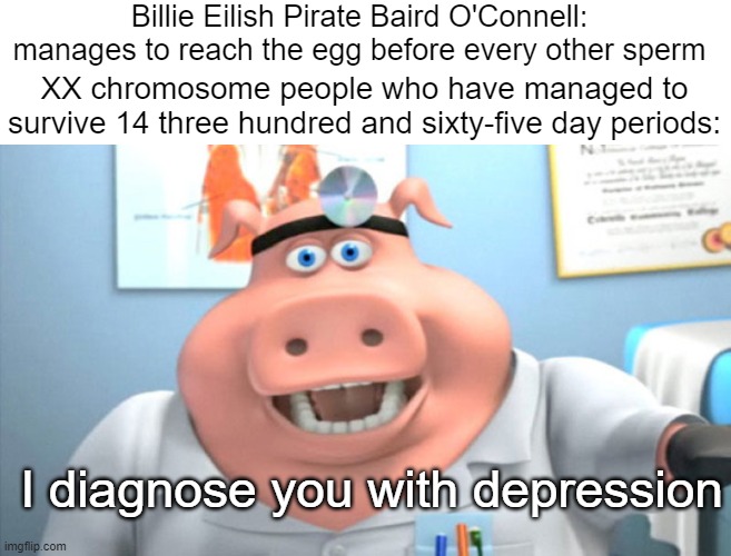 Greetings, pleasure will hit me very hard when I show you this rather humourous picture for your corneas to witness. | Billie Eilish Pirate Baird O'Connell: manages to reach the egg before every other sperm; XX chromosome people who have managed to survive 14 three hundred and sixty-five day periods:; I diagnose you with depression | image tagged in i diagnose you with dead | made w/ Imgflip meme maker