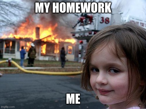 when my mom forces me to do homework | MY HOMEWORK; ME | image tagged in memes,disaster girl | made w/ Imgflip meme maker