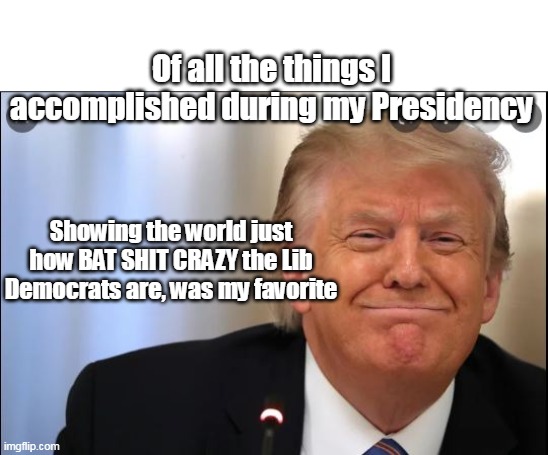 Loose Cannon, but MY kinda loose Cannon | Of all the things I accomplished during my Presidency; Showing the world just how BAT SHIT CRAZY the Lib Democrats are, was my favorite | image tagged in memes,donald trump,truth | made w/ Imgflip meme maker