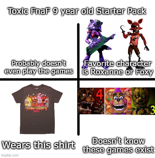 Toxic FNaF 9 Year Old Starter Pack | Toxic FnaF 9 year old Starter Pack; Probably doesn't even play the games; Favorite character is Roxanne or Foxy; Wears this shirt; Doesn't know these games exist | image tagged in memes,starter pack,fnaf | made w/ Imgflip meme maker