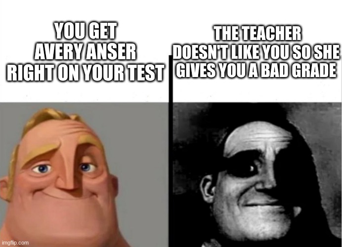 Teacher's Copy | THE TEACHER DOESN'T LIKE YOU SO SHE GIVES YOU A BAD GRADE; YOU GET AVERY ANSER RIGHT ON YOUR TEST | image tagged in teacher's copy | made w/ Imgflip meme maker