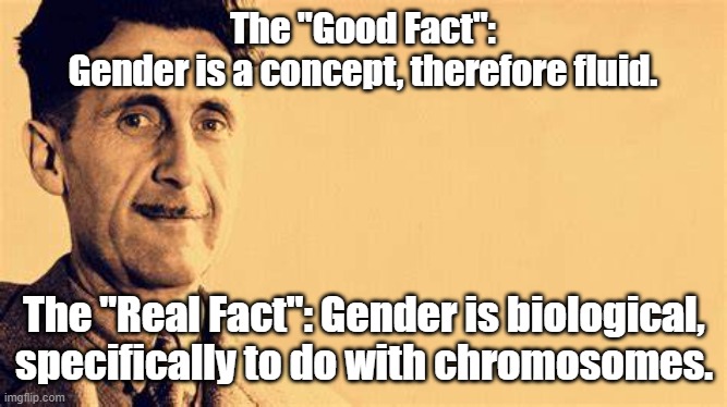 It's 1984 all over again. | The "Good Fact":
Gender is a concept, therefore fluid. The "Real Fact": Gender is biological, specifically to do with chromosomes. | image tagged in 1984,george orwell,orwellian | made w/ Imgflip meme maker