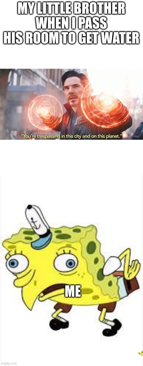 all the time | MY LITTLE BROTHER WHEN I PASS HIS ROOM TO GET WATER; ME | image tagged in dr strange you're trespassing meme | made w/ Imgflip meme maker