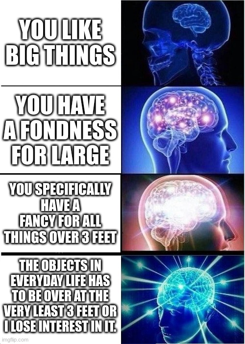 Expanding Brain | YOU LIKE BIG THINGS; YOU HAVE A FONDNESS FOR LARGE; YOU SPECIFICALLY HAVE A FANCY FOR ALL THINGS OVER 3 FEET; THE OBJECTS IN EVERYDAY LIFE HAS TO BE OVER AT THE VERY LEAST 3 FEET OR I LOSE INTEREST IN IT. | image tagged in memes,expanding brain | made w/ Imgflip meme maker