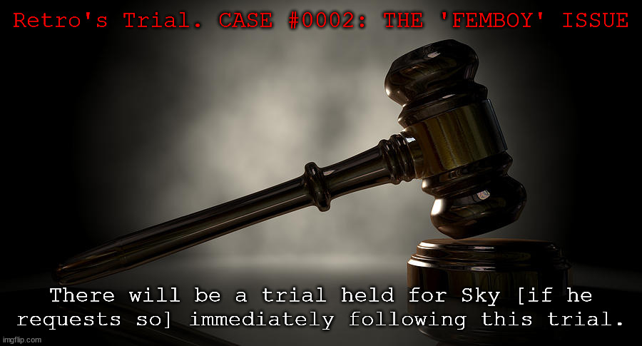 CASE #0002, 4/20/2022 [TRIAL RESUMED 4/21!] behapp get your ass over here | Retro's Trial. CASE #0002: THE 'FEMBOY' ISSUE; There will be a trial held for Sky [if he requests so] immediately following this trial. | image tagged in law,trial,retro,sky the dragon | made w/ Imgflip meme maker