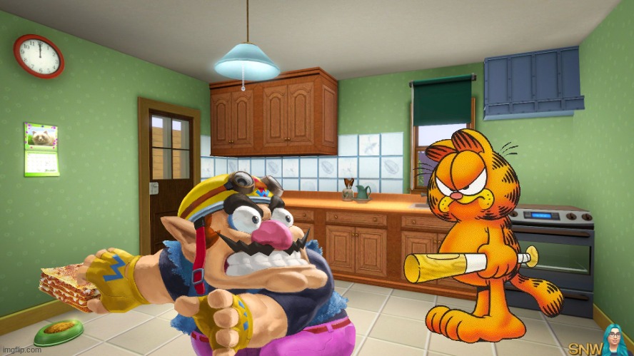 Wario steals Garfield's lasagna and gets beat up to death by Garfield with a baseball bat.mp3 | image tagged in wario dies,wario,garfield,cat,animals,lasagna | made w/ Imgflip meme maker
