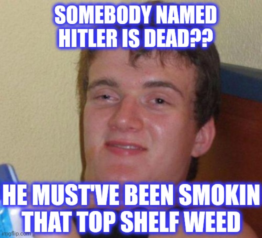 stoned guy | SOMEBODY NAMED HITLER IS DEAD?? HE MUST'VE BEEN SMOKIN
THAT TOP SHELF WEED | image tagged in stoned guy | made w/ Imgflip meme maker