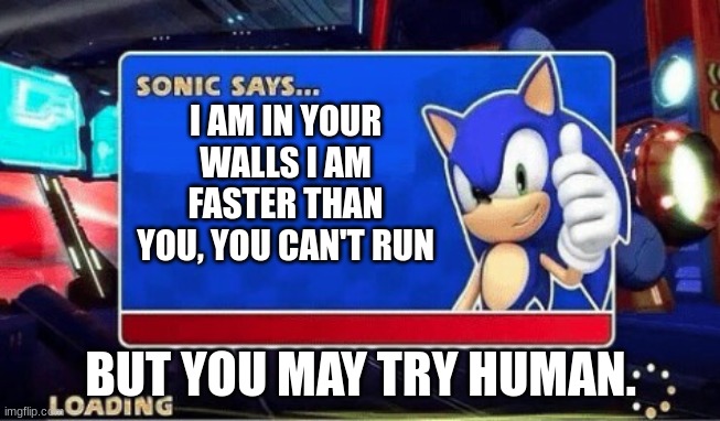 Sonic Says |  I AM IN YOUR WALLS I AM FASTER THAN YOU, YOU CAN'T RUN; BUT YOU MAY TRY HUMAN. | image tagged in sonic says | made w/ Imgflip meme maker