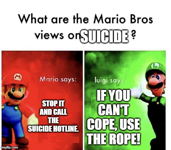 Mario Bros Views | SUICIDE; STOP IT AND CALL THE SUICIDE HOTLINE. IF YOU CAN'T COPE, USE THE ROPE! | image tagged in mario bros views | made w/ Imgflip meme maker