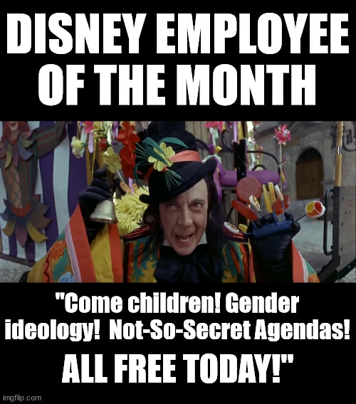 Disney Employee of the Month | DISNEY EMPLOYEE OF THE MONTH; "Come children! Gender ideology!  Not-So-Secret Agendas! ALL FREE TODAY!" | image tagged in woke disney,child catcher,boycott disney,chitty chitty bang bang | made w/ Imgflip meme maker
