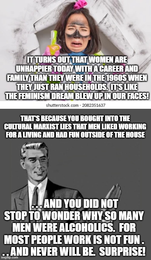 Cultural Marxists are not your friends . . . they have ideological agenda . . . and YOU are just a statistic. | IT TURNS OUT THAT WOMEN ARE UNHAPPIER TODAY WITH A CAREER AND FAMILY THAN THEY WERE IN THE 1960S WHEN THEY JUST RAN HOUSEHOLDS.  IT'S LIKE THE FEMINISM DREAM BLEW UP IN OUR FACES! THAT'S BECAUSE YOU BOUGHT INTO THE CULTURAL MARXIST LIES THAT MEN LIKED WORKING FOR A LIVING AND HAD FUN OUTSIDE OF THE HOUSE; . . . AND YOU DID NOT STOP TO WONDER WHY SO MANY MEN WERE ALCOHOLICS.  FOR MOST PEOPLE WORK IS NOT FUN . . . AND NEVER WILL BE.  SURPRISE! | image tagged in reality | made w/ Imgflip meme maker