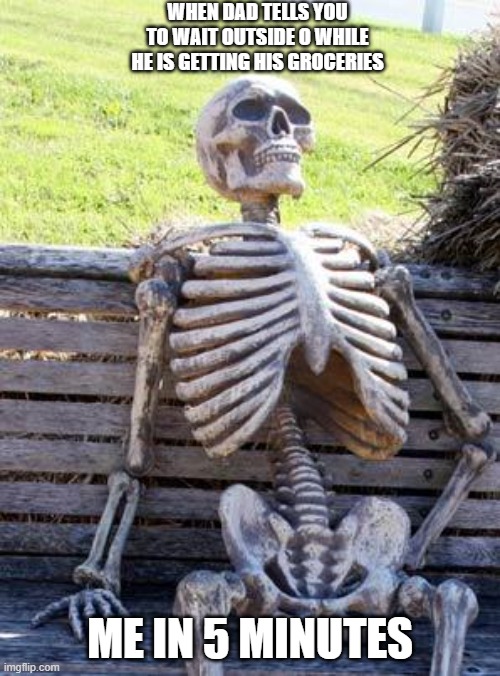 Waiting Skeleton Meme | WHEN DAD TELLS YOU TO WAIT OUTSIDE O WHILE HE IS GETTING HIS GROCERIES; ME IN 5 MINUTES | image tagged in memes,waiting skeleton | made w/ Imgflip meme maker