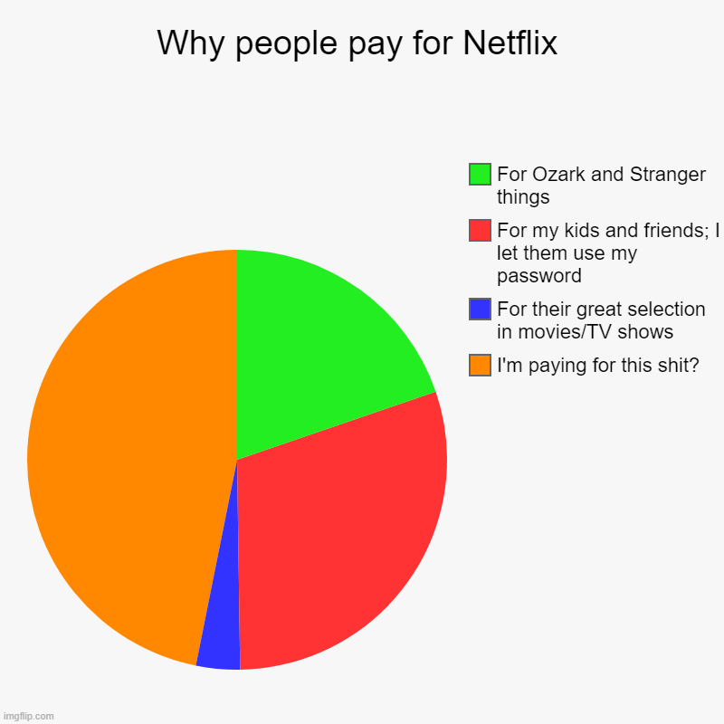 Why people pay for Netflix | I'm paying for this shit?, For their great selection in movies/TV shows, For my kids and friends; I let them us | image tagged in charts,pie charts | made w/ Imgflip chart maker