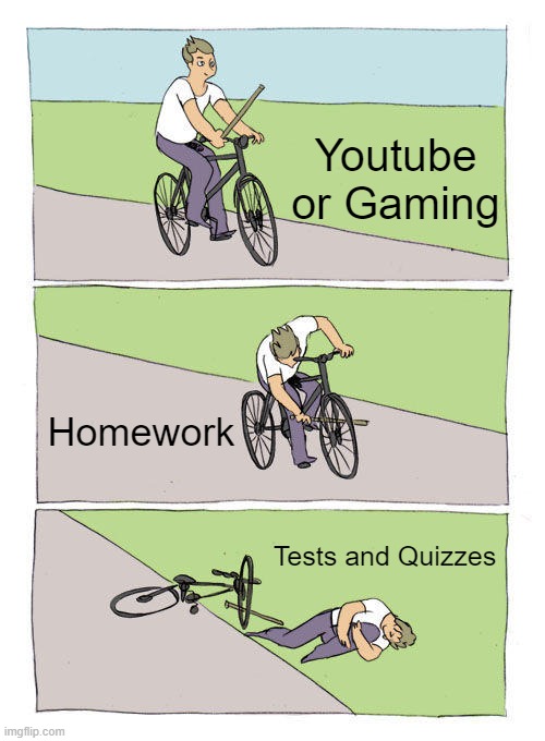 Bike Fall Meme | Youtube or Gaming; Homework; Tests and Quizzes | image tagged in memes,bike fall | made w/ Imgflip meme maker