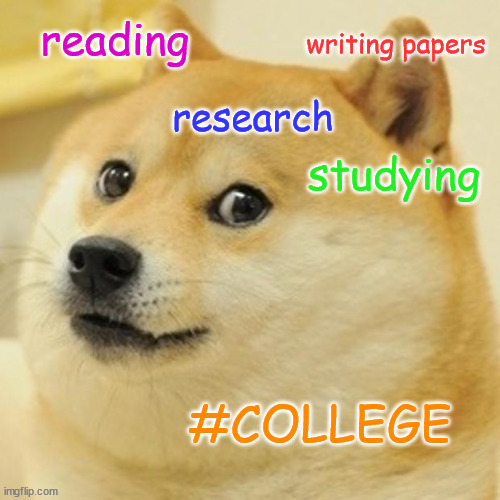 College Expectations | reading; writing papers; research; studying; #COLLEGE | image tagged in memes,doge,college | made w/ Imgflip meme maker