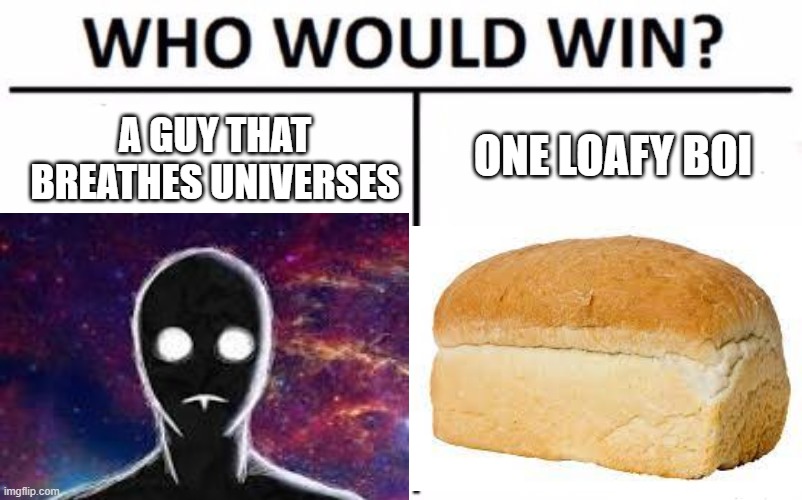 My moneys on the loafy boi | ONE LOAFY BOI; A GUY THAT BREATHES UNIVERSES | image tagged in memes | made w/ Imgflip meme maker