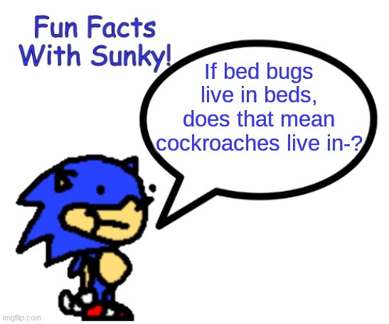 Ayo, just sayin' | If bed bugs live in beds, does that mean cockroaches live in-? | image tagged in fun facts with sunky | made w/ Imgflip meme maker