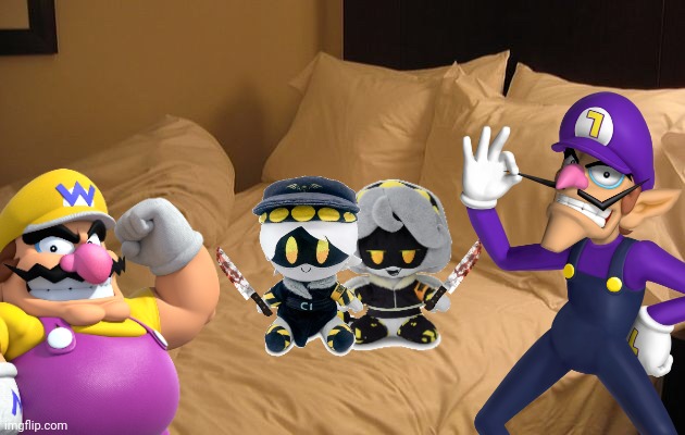 Wario and Waluigi dies by N and V as plushies after they bought them.mp3 | image tagged in bed,wario dies,wario,waluigi,murder drones,plush | made w/ Imgflip meme maker