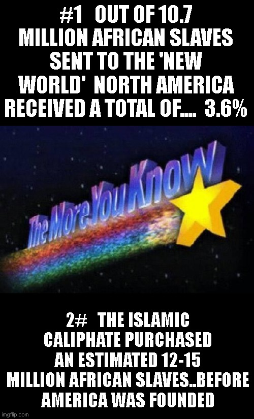 Random facts about slavery  pt 1 | #1   OUT OF 10.7 MILLION AFRICAN SLAVES SENT TO THE 'NEW WORLD'  NORTH AMERICA RECEIVED A TOTAL OF....  3.6%; 2#   THE ISLAMIC CALIPHATE PURCHASED AN ESTIMATED 12-15 MILLION AFRICAN SLAVES..BEFORE AMERICA WAS FOUNDED | image tagged in the more you know | made w/ Imgflip meme maker
