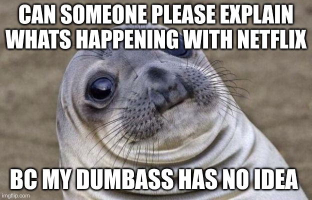 all I know is that netflix is in the news..for some reason.. | CAN SOMEONE PLEASE EXPLAIN WHATS HAPPENING WITH NETFLIX; BC MY DUMBASS HAS NO IDEA | image tagged in memes,awkward moment sealion | made w/ Imgflip meme maker