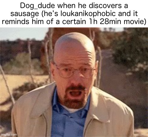 Walter White | Dog_dude when he discovers a sausage (he’s loukanikophobic and it reminds him of a certain 1h 28min movie) | image tagged in walter white | made w/ Imgflip meme maker