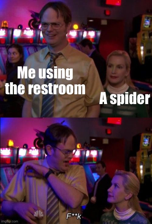 It’s terrifying | Me using the restroom; A spider | image tagged in angela scared dwight,relatable | made w/ Imgflip meme maker