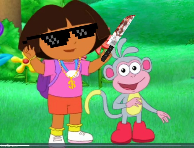 Dora Showing Boots The Knife | image tagged in boots smiling,dora the explorer,hello neighbor,hello piggy,roblox hello neighbor | made w/ Imgflip meme maker