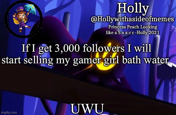 /j | If I get 3,000 followers I will start selling my gamer girl bath water; UWU | image tagged in holly snatcher template | made w/ Imgflip meme maker