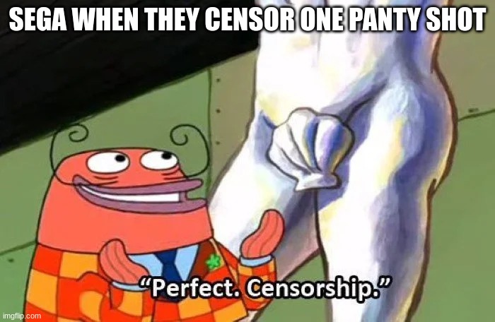 Perfect Censorship | SEGA WHEN THEY CENSOR ONE PANTY SHOT | image tagged in perfect censorship,sega,video games,memes | made w/ Imgflip meme maker
