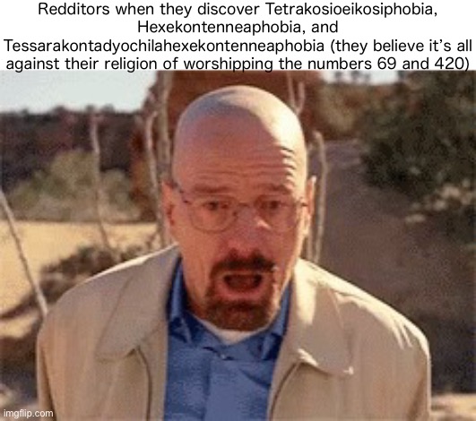 Oh hell nah not the funny number and weed number ! ! ! | Redditors when they discover Tetrakosioeikosiphobia, Hexekontenneaphobia, and Tessarakontadyochilahexekontenneaphobia (they believe it’s all against their religion of worshipping the numbers 69 and 420) | made w/ Imgflip meme maker