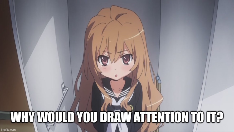 Taiga Tsundere | WHY WOULD YOU DRAW ATTENTION TO IT? | image tagged in taiga tsundere | made w/ Imgflip meme maker