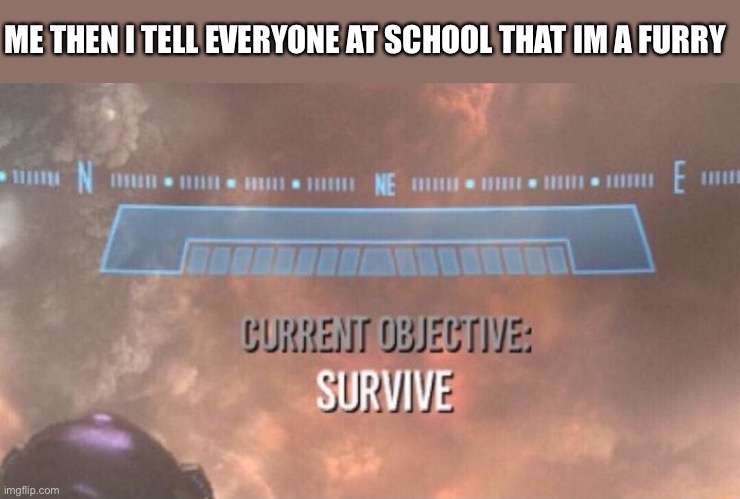 The furry fandom portrayed by halo part 9 | ME THEN I TELL EVERYONE AT SCHOOL THAT IM A FURRY | image tagged in current objective survive,furry,halo | made w/ Imgflip meme maker