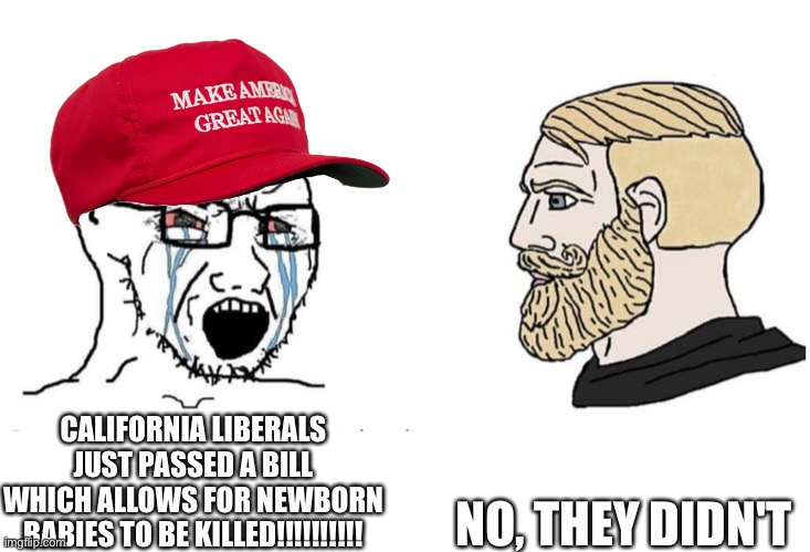 Soyboy Vs Yes Chad | CALIFORNIA LIBERALS JUST PASSED A BILL WHICH ALLOWS FOR NEWBORN BABIES TO BE KILLED!!!!!!!!!! NO, THEY DIDN'T | image tagged in soyboy vs yes chad | made w/ Imgflip meme maker