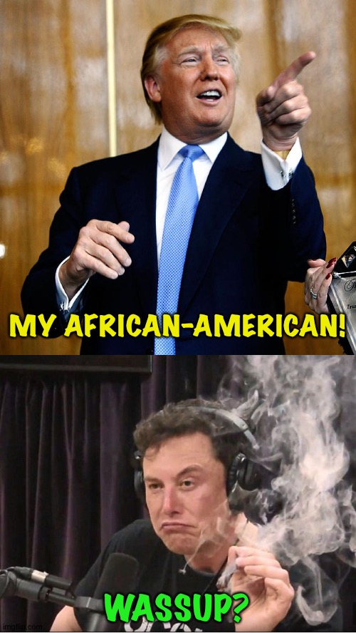Wassup? | MY AFRICAN-AMERICAN! WASSUP? | image tagged in donal trump birthday,elon musk smoking a joint | made w/ Imgflip meme maker