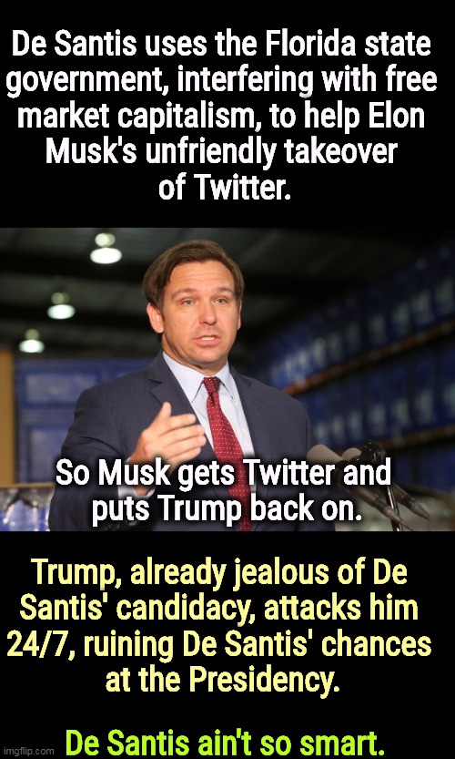 Trump will take De Santis down. | De Santis uses the Florida state 
government, interfering with free 
market capitalism, to help Elon 
Musk's unfriendly takeover 
of Twitter. So Musk gets Twitter and 
puts Trump back on. Trump, already jealous of De 
Santis' candidacy, attacks him 
24/7, ruining De Santis' chances 
at the Presidency. De Santis ain't so smart. | image tagged in florida,republicans,dumb and dumber,trump,jealous,selfish | made w/ Imgflip meme maker