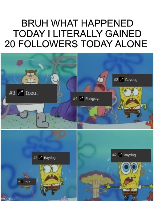I should use this as an announcement template even though it isn’t one | BRUH WHAT HAPPENED TODAY I LITERALLY GAINED 20 FOLLOWERS TODAY ALONE | image tagged in iceu taking over everyone credit to asriel for making this | made w/ Imgflip meme maker