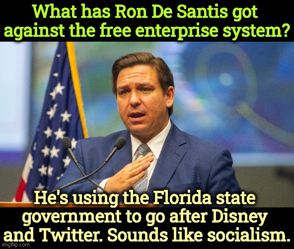 Ron De Santis, Socialist. | What has Ron De Santis got 
against the free enterprise system? He's using the Florida state 
government to go after Disney 
and Twitter. Sounds like socialism. | image tagged in florida,republican,socialism,disney,twitter | made w/ Imgflip meme maker