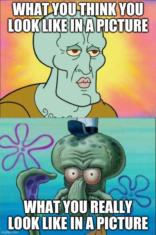 Squidward | WHAT YOU THINK YOU LOOK LIKE IN A PICTURE; WHAT YOU REALLY LOOK LIKE IN A PICTURE | image tagged in memes,squidward | made w/ Imgflip meme maker