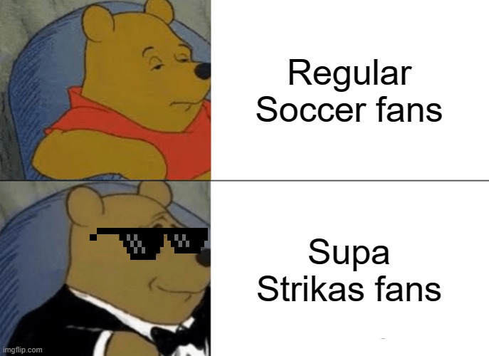 Who else is a fan plz comment | Regular Soccer fans; Supa Strikas fans | image tagged in memes,tuxedo winnie the pooh | made w/ Imgflip meme maker