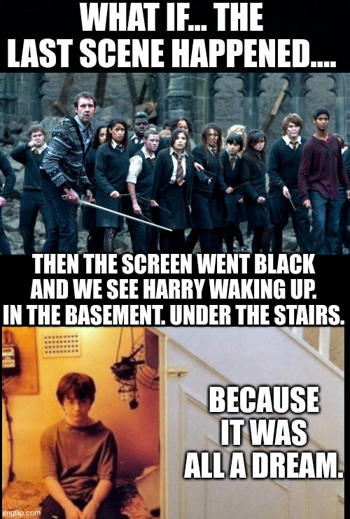 WHAT IF... THE LAST SCENE HAPPENED.... THEN THE SCREEN WENT BLACK AND WE SEE HARRY WAKING UP. IN THE BASEMENT. UNDER THE STAIRS. BECAUSE IT WAS ALL A DREAM. | image tagged in black background,blank black | made w/ Imgflip meme maker