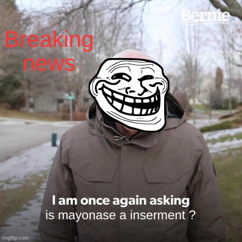 Bernie I Am Once Again Asking For Your Support Meme | Breaking news; is mayonase a inserment ? | image tagged in memes,bernie i am once again asking for your support | made w/ Imgflip meme maker
