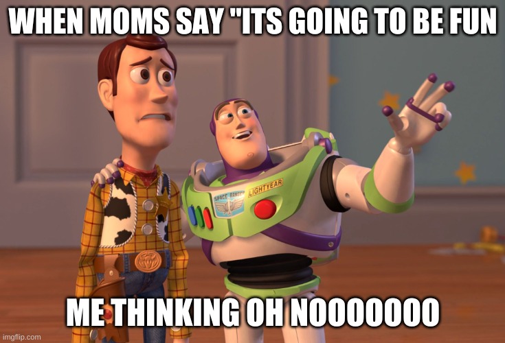 X, X Everywhere | WHEN MOMS SAY "ITS GOING TO BE FUN; ME THINKING OH NOOOOOOO | image tagged in memes,x x everywhere | made w/ Imgflip meme maker