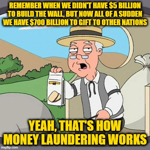 Pepperidge Farm Remembers Meme | REMEMBER WHEN WE DIDN'T HAVE $5 BILLION TO BUILD THE WALL, BUT NOW ALL OF A SUDDEN WE HAVE $700 BILLION TO GIFT TO OTHER NATIONS; YEAH, THAT'S HOW MONEY LAUNDERING WORKS | image tagged in memes,pepperidge farm remembers | made w/ Imgflip meme maker