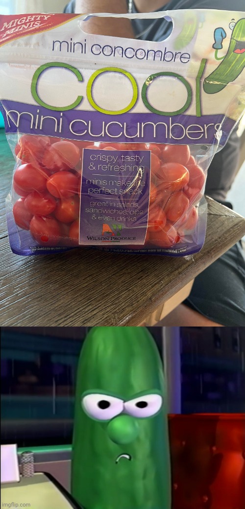 Oops | image tagged in larry the cucumber,tomatoes,tomato,you had one job,memes,meme | made w/ Imgflip meme maker