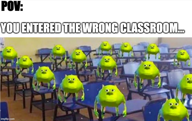 POV: You entered the wrong classroom... | POV:; YOU ENTERED THE WRONG CLASSROOM... | image tagged in mike wazowski,lol,school | made w/ Imgflip meme maker