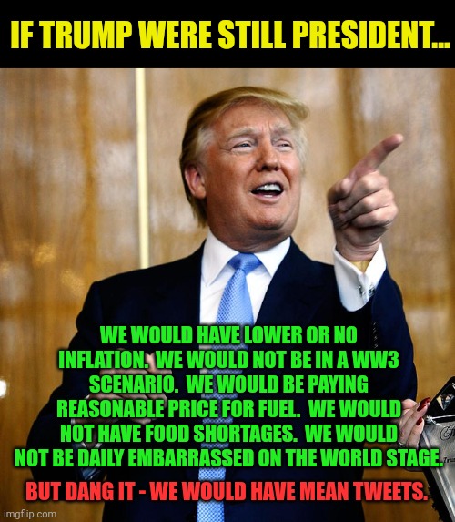It's true | IF TRUMP WERE STILL PRESIDENT... WE WOULD HAVE LOWER OR NO INFLATION.  WE WOULD NOT BE IN A WW3 SCENARIO.  WE WOULD BE PAYING REASONABLE PRICE FOR FUEL.  WE WOULD NOT HAVE FOOD SHORTAGES.  WE WOULD NOT BE DAILY EMBARRASSED ON THE WORLD STAGE. BUT DANG IT - WE WOULD HAVE MEAN TWEETS. | image tagged in donal trump birthday | made w/ Imgflip meme maker