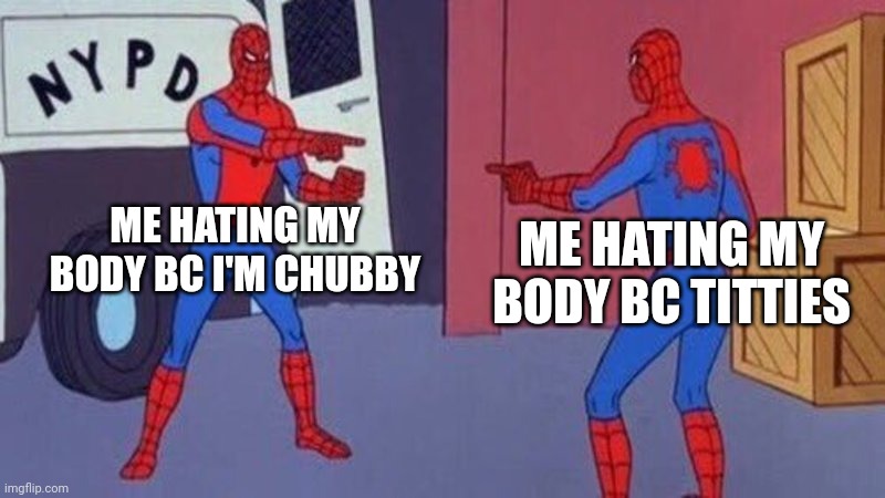 spiderman pointing at spiderman | ME HATING MY BODY BC I'M CHUBBY; ME HATING MY BODY BC TITTIES | image tagged in spiderman pointing at spiderman | made w/ Imgflip meme maker